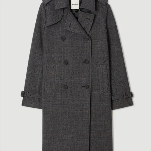 Sandro Checked Rhinestone-Embellished Trench Coat in Gray & Blue - Picture 4 of 9